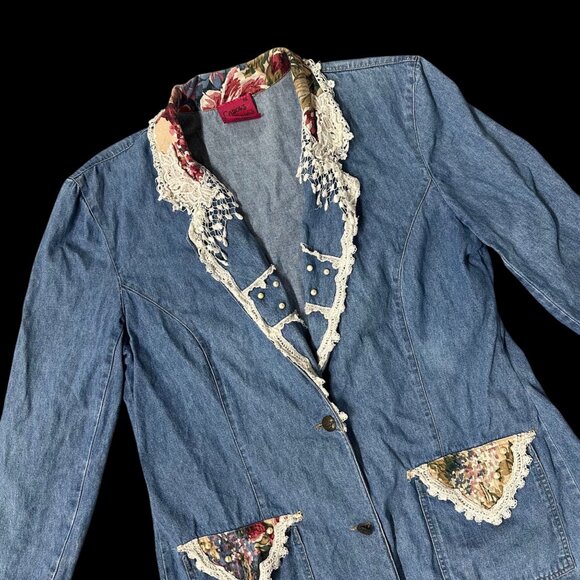 Carol's Denims Jackets & Blazers - Vintage Blazer Jacket Floral Lace 1990s Carols Denims 1XL Romantic Cottagecore